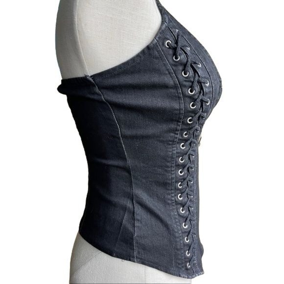 Lydia motorcycle vest Halter Top y2k black denim lace Zip Up Goth Emo Small VTG - Picture 9 of 12